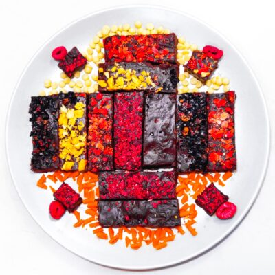 Gluten Free Fudge topped with dried fruits, on a plate
