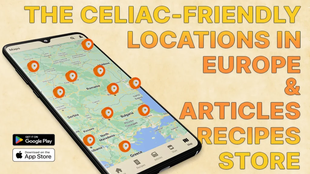 Una visión general de una aplicación llamada 'Gluten Advisor' que contiene ubicaciones amigables para celíacos en Europa, artículos, recetas y una tienda